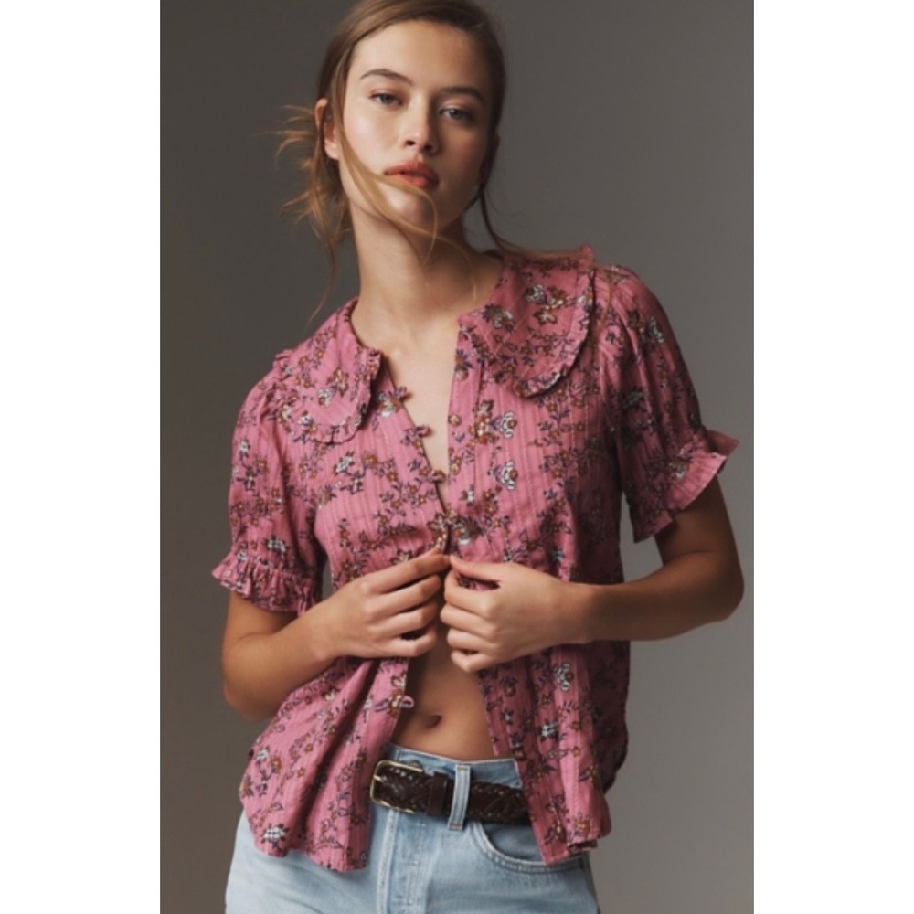 Pilcro Anthropologie Kiera Collared Button Down Pink Floral Medium